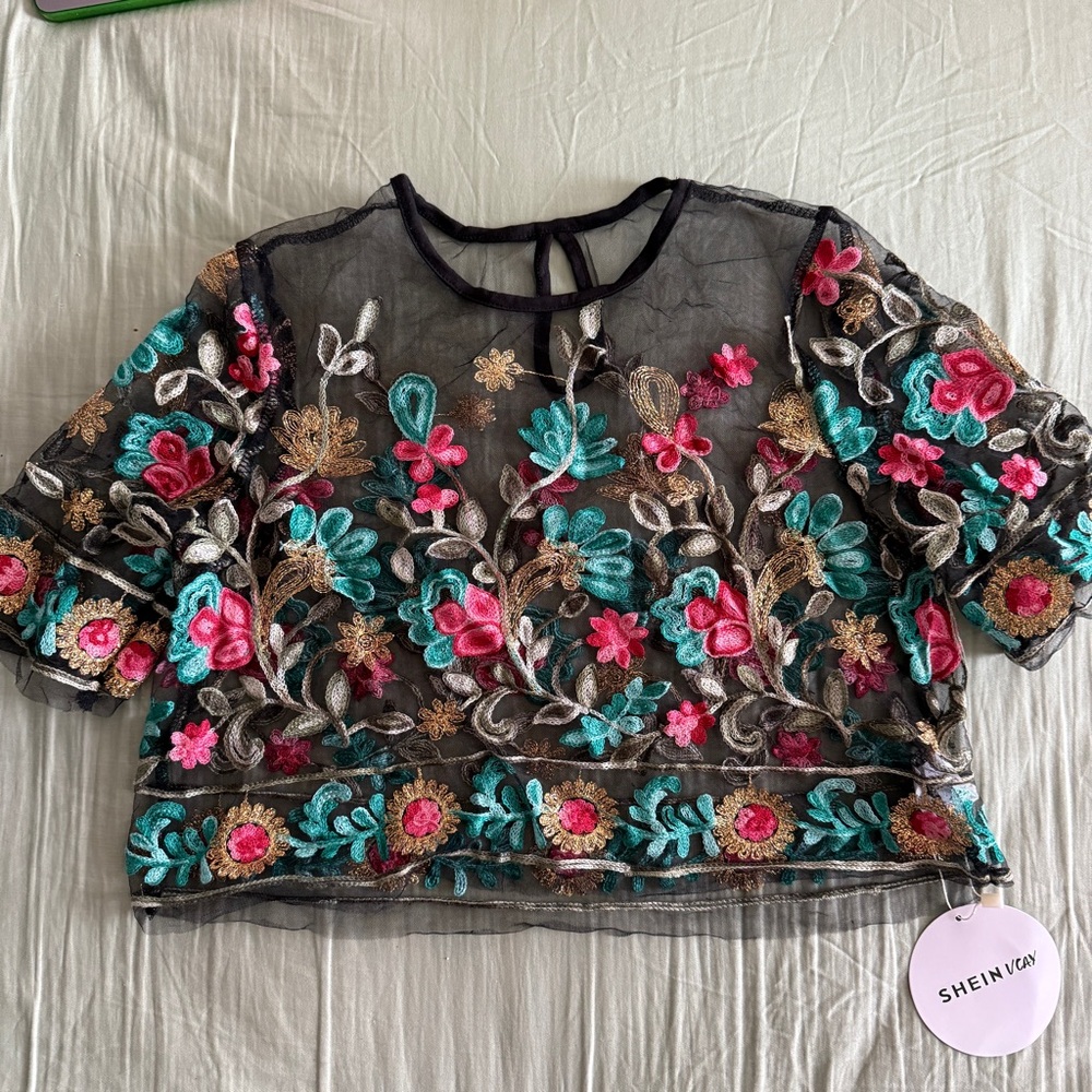 Shein Embroidered Floral Leaf Sheer Black Mesh Crop Top Boho Festival - Picture 6 of 11